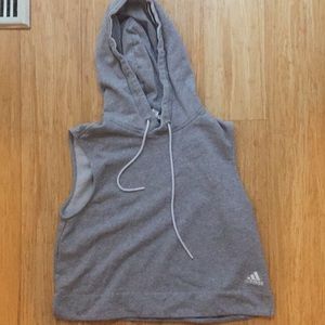Grey workout shirt with hood.